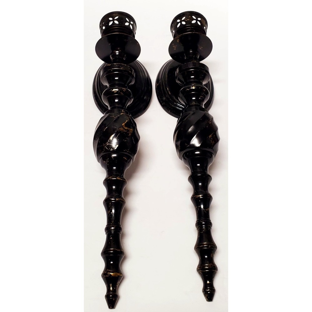 VTG Sconces Gothic Wall Pair Black & Gold India Pierced Votives Oval Back Plates - Picture 1 of 7